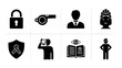 © Maureen - Silhouette safety and awareness icons: lock, whistle, helmet, shield, ribbon, officer