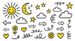© saputra - A collection of hand-drawn, whimsical yellow and black icons including a smiling sun, a crescent moon with stars, clouds, stars, hearts, flowers, and various arrows.