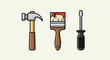 © Artomoro - Tools for construction and DIY projects displayed together, showcasing hammer, paintbrush, and screwdriver, illustrating common household and industry equipment.