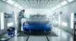 © Tanrarte - Professional automotive painter spraying blue sports car in modern paint booth