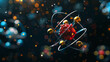 © ishmal - Image of atom models spinning on black background. Global science, research, connections, computing and data processing concept digitally generated image.