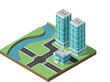 © MST HASMOTARA - Isometric city development with two modern glass skyscrapers a retail building and a winding river for urban planning.