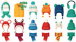 © Hosneara - Set of cute winter knit hats and scarves for children featuring pom-poms and animal ear designs in festive colors for cold weather fashion and holiday season accessories.