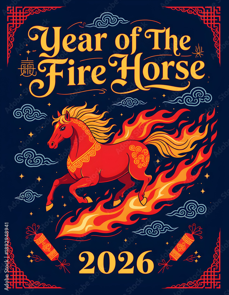 Year of the Fire Horse 2026 Chinese zodiac poster with flaming horse ...
