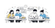 © Svitlana - Stylish Library Study Scene. Students in library. Students sitting at tables with books and laptops, quietly studying together. Calm concentration and academic