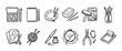 © Happy Carrot - Set of hand-drawn black line icons representing various arts and crafts hobbies like painting, knitting, sculpting, embroidery, and printmaking in a simple doodle style
