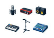 © Влада Яковенко - Isometric Sound Studio Icons. Sound studio. Isometric flat vector icons set of sound studio: studio microphone, audio interface, MIDI controller keyboard,