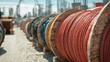 © Smart Future - Several wooden coils with power cable laid in trench. Concept of electricity supply for construction projects.