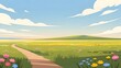 © DesignSells - Pastoral countryside landscape with winding dirt path through colorful wildflowers under a clear blue sky - tranquil vector illustration