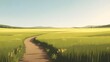© DesignSells - Digital painting of a serene countryside landscape with a winding dirt path through yellow green fields under a clear blue sky