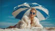© ActionGP - Stylish woman on beach in fur coat under striped umbrella, chic summer fashion portrait shot