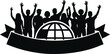 © OKAN - Flat design black silhouette crowd standing behind globe with raised hands ribbon banner bottom close up vector icon for community celebration diverse group front view simple