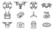 © MD MASHIAR - Minimalist Line Art Vector Icon Set of Drone Photography and Quadcopter Equipment Featuring Remote Control, Battery, Propeller, Gimbal Camera, Delivery Drone, GPS Pin, and Landing Pad Graphics.