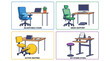 © Madhobi - Vector illustration set of four ergonomic home office setups featuring an adjustable chair, mesh support seat, active seating with kneeling chair and exercise ball, and a sit-stand stool.
