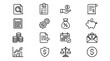 © Madhobi - Set of 16 vector outline icons for finance, tax, and accounting. Features audit, tax form, calculator, receipt, savings, VAT, payment, growth chart, insurance, legal balance, and money symbols.