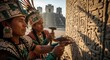© MMerellinn - Mesoamerican indigenous men carve ancient stone glyphs on a temple wall, preserving ancestral culture. They wear ceremonial feathered headdresses and precious jade jewelry, showcasing pride.