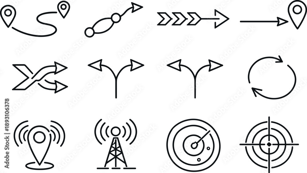 Image Generation. Line style vector icons of Route pointers: route ...