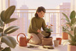 © SHOTPRIME STUDIO - Young woman in green sweater gardening on balcony with potted flowers in soft morning light. Concept for urban gardening, home hobby, and plant care in city environment.