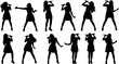 © sara - Female singer silhouettes with microphones performing on stage, music concert pose, dancing artists, musical expression, entertainment, vocal talent, pop star show, silhouette collection