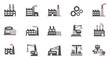 © Feni - Diverse Industry and Factory Icons Set with Manufacturing Plants, Gears, and Cranes, isolated white background