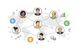 © Влада Яковенко - Global Economic Web. Global financial connections. Abstract illustration of diverse professionals connected by dotted lines across a world map, subtle floating