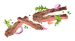 © New Africa - Roasted beef pieces, herbs, onion and garlic flying in air on white background