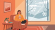 © zaa - Cozy winter scene with woman drinking hot coffee.