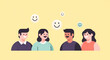 © Aris - Happy diverse people talking together with smile icons, positive communication, teamwork, customer satisfaction and friendly community flat vector illustration
