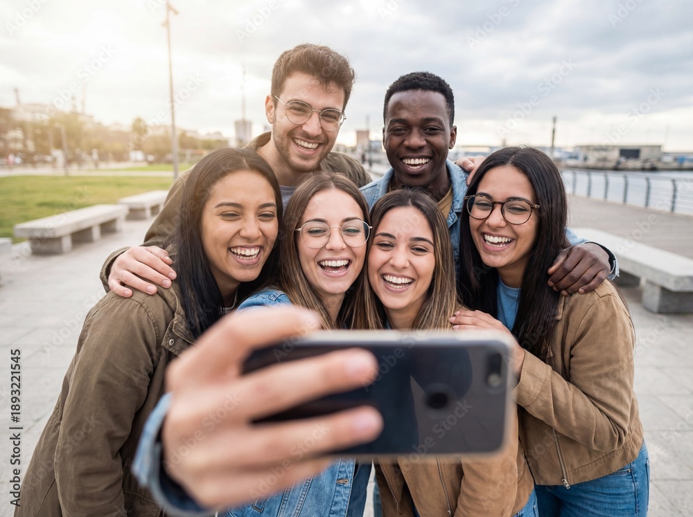 Happy diverse group of six young friends laughing while taking a selfie ...