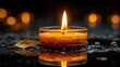 © design - Candle flame close-up in dark background, warmth, reflection, and peace.