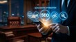 © CuteBee - A business professional interacts with a smartphone displaying glowing seo icons representing digital marketing and online visibility strategies high quality detailed modern