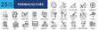 © Hazha - Permaculture icon set. Containing ecological, planning, garden design, fertilizer, garden gloves, farmer, garden tools and more. Outline vector icons collection