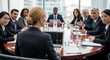 © Hyejin Kang - Female politician and group of people in business suits at round table  talking and discussing at conference.