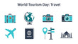 © Agung - World Tourism Day graphic with travel icons suitcase globe cameras airplane passport map sign and Taj Mahal silhouette