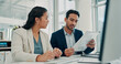 © peopleimages.com - Paperwork, meeting and business people in office for finance report, budget review and planning. Corporate, teamwork and man and woman with documents, financial proposal and investment portfolio