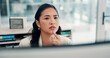 © SparkPix/peopleimages.com - Employee, thinking and woman with computer, office or risk assessment on website, serious and online. Investment banker, reading and person with tech for financial analysis, info and asset management