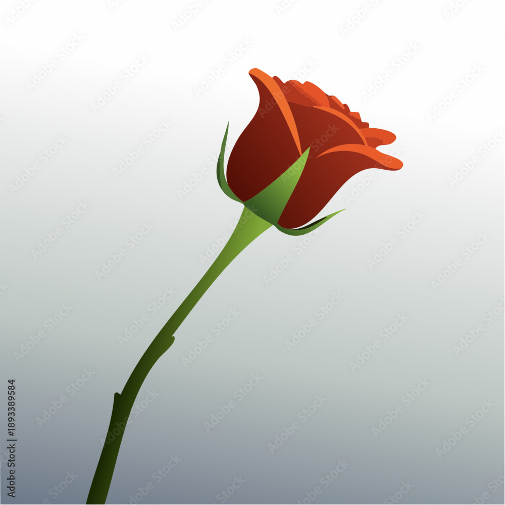 A vibrant red rose flower vector illustration with a green stem against a smooth gradient background.