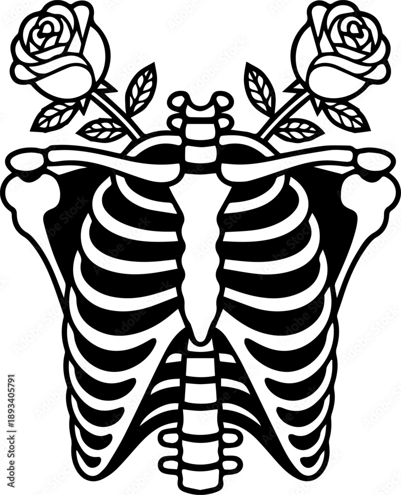 Deviantart Ribs Arched Anatomical Rib Cage with Blooming Roses Line Art Stock Vector | Adobe Stock