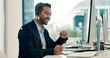 © SparkPix/peopleimages.com - Happy, businessman and consultant with headset in office for virtual assistance or web support. Man, advisor or agent talking with mic on computer for communication, online advice or customer service