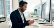 © SparkPix/peopleimages.com - Happy, businessman and agent typing with headset in office for virtual assistance or web support. Man, employee or consultant talking with mic on computer for CRM, online advice or customer service