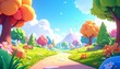© wanna - A vibrant spring landscape illustration featuring colorful easter eggs nestled in a green meadow under a bright rainbow sky with distant mountains and fluffy clouds