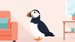 © Karpet - A charming cartoon puffin stands indoors next to a coral-colored couch