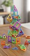 © sela - Colorful Magnetic Building Blocks Tower on Wooden Surface.