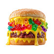 © iMground - isolated white background of a bizarre hamburger with melted cheese and colorful gummy bears, a surreal and unexpected food combination.