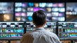 © liliyabatyrova - A dedicated video editor focuses intently on multiple screens filled with colorful footage while working late at night in a vibrant broadcasting studio, bringing stories to life
