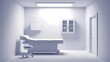© DesignSells - Dental clinic examination room with a treatment chair, white sterile walls, overhead lighting and storage cabinets