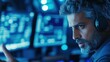 © mashimara - Intense Focus: A focused man with a headset, analyzing data on multiple screens in a dimly lit, high-tech setting, reflecting a sense of concentration and determination.