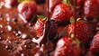 © RAHANUN - Close-up of glossy chocolate being poured over ripe strawberries, creating a rich dessert