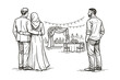 © polgin - Couple in Wedding Ceremony with Guests, Man Watching, Muslim Bride, Vector Illustration