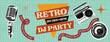 © Nusrat - Retro vintage halftone DJ music Party Event Banner with Vintage retro pop art Audio Gear, Microphone, Boombox, Speaker, old radio y2k banner social media cover header with paper cutouts sticker grid